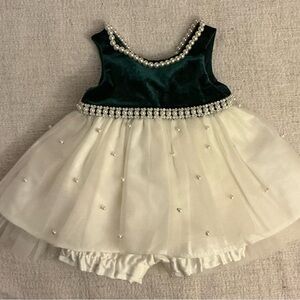 Elegant Green and White Dress with Pearl Accents